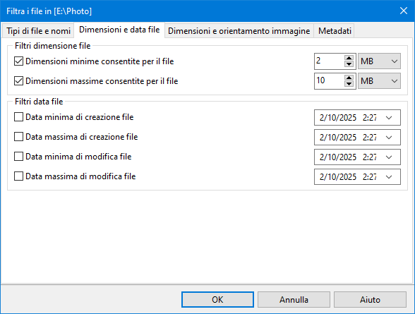 Filtri per data e dimensioni del file delle foto