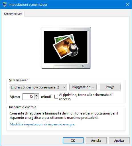 Finestra Impostazioni salvaschermo di Windows 10
